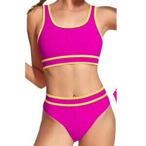 New Juniors Size 12-13Y High Waist Sporty 2 Piece Bikini Swimsuit w Sunglasses